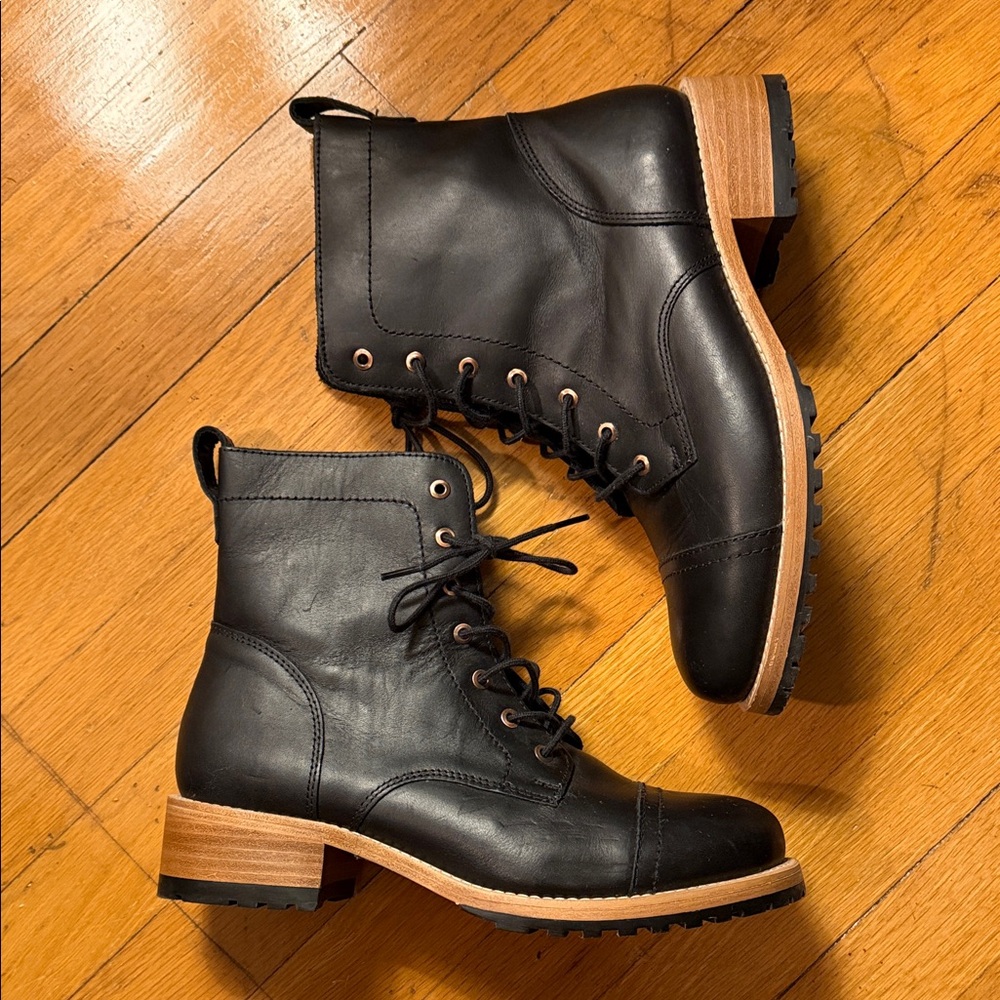 Portland Leather Black Moto Boots with Brown Soles
